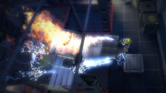 An image of two Alien Swarm characters spraying aliens with fire and electricity.
