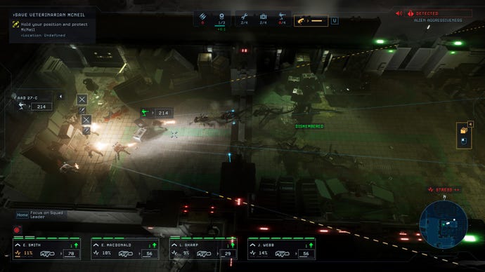 A combat map showing a horde of xenomorphs attack a group of soldiers in Aliens Dark Descent