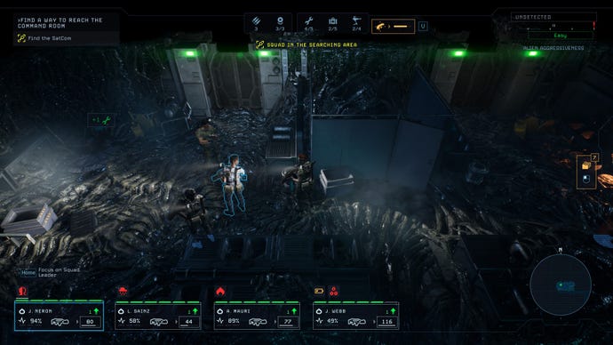 A command room that's been taken over by a grey fleshy skin in Aliens Dark Descent