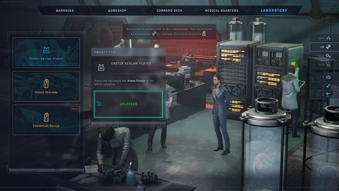 A research unlocking screen showing a scientist in a lab in Aliens Dark Descent