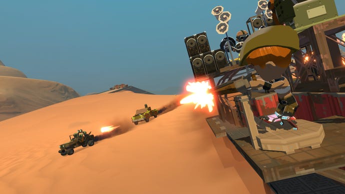 Patchwork vehicles fire at each other in the desert in Badlands Crew
