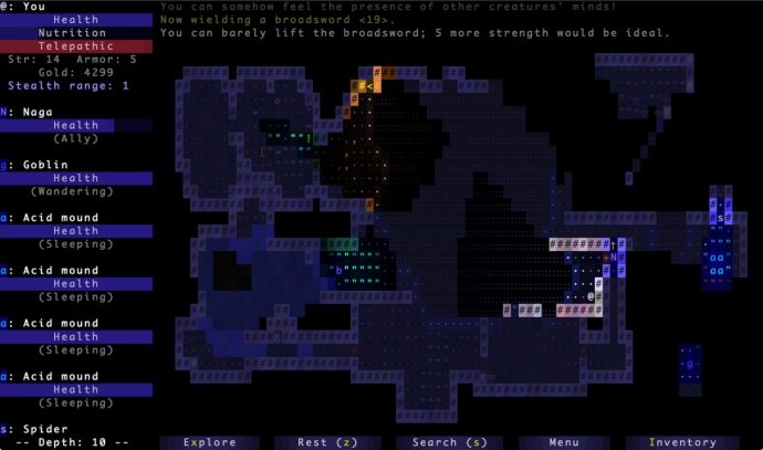 A screenshot of some caves in ASCII roguelike Brogue.