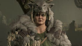 Diablo 4 image showing a close up of a Druid in full armor.