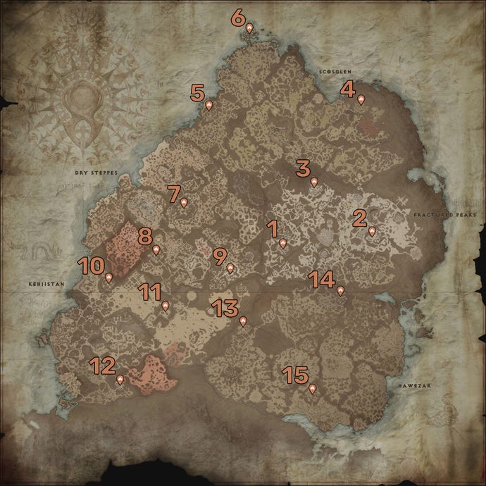 A map of Diablo 4 with the locations of all 15 Strongholds marked and numbered.