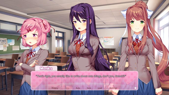 Natsuki, Yuri and Monika talk about how Natsuki likes cute writing in Doki Doki Literature Club.