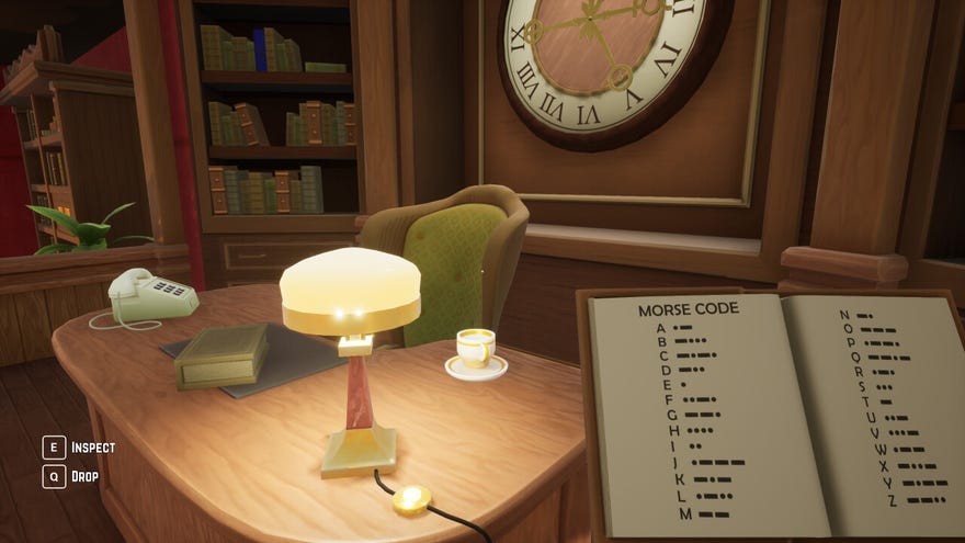 Looking at a desk lamp on a large wood desk in a plush study in Escape From Mystwood Mansion