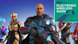 A promo image of the Rock in Fortnite, with the Electronic Wireless Show badge laid over it.