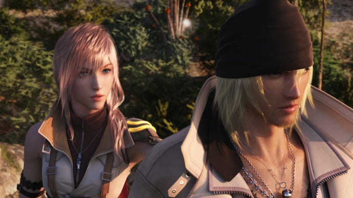 A pink haired woman looks on in disbelief at a blonde man in a black hat in Final Fantasy XIII