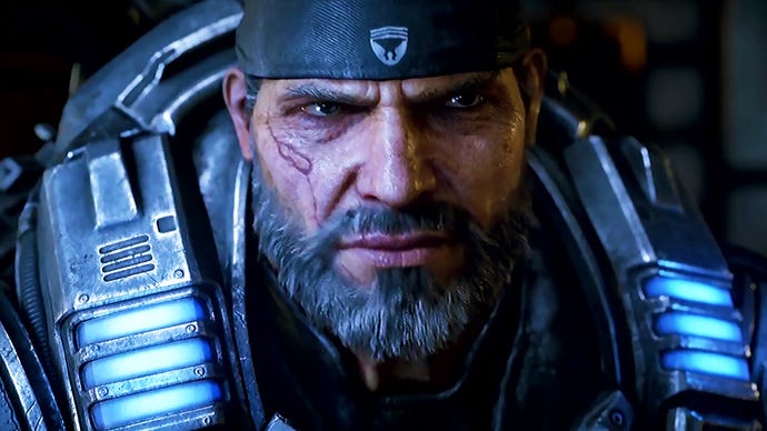Marcus Fenix from Gears 5 with a beard and a cross look on his face