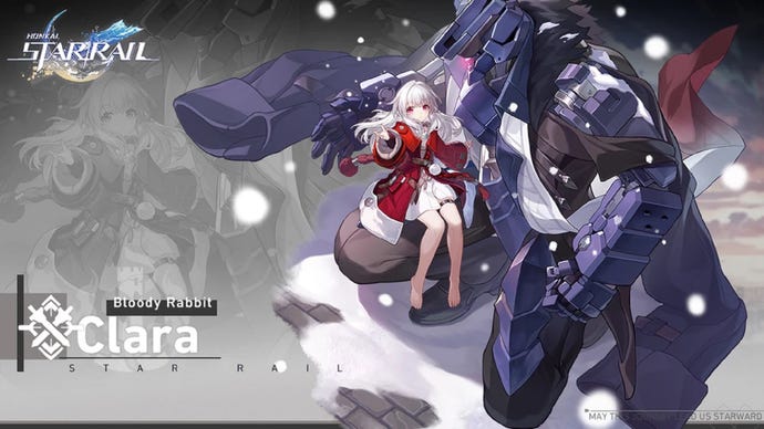 Clara sits perched on the knee of a large mechanical humanoid in her introductory image in Honkai: Star Rail. She is barefoot. The background shows a snowy sky on one side and a black-and-white picture of Clara and her mech on the other.