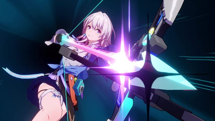 March 7th prepares to fire a brightly coloured arrow as part of her ultimate attack in Honkai: Star Rail.