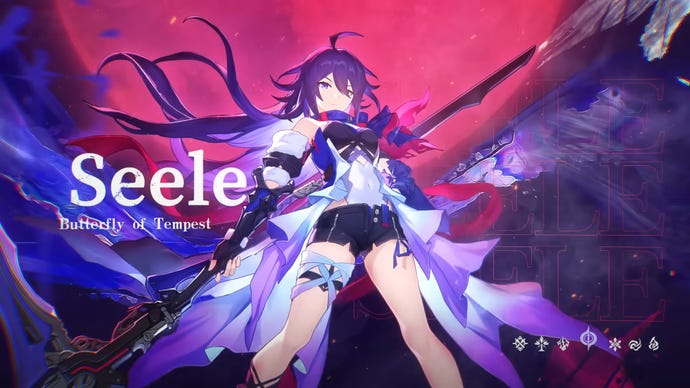 Seele poses against an electric pink-and-purple background, looking down at the camera, in a still from her character trailer in Honkai: Star Rail.