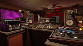 An old school radio booth complete with a turntable, sound board and more in Killer Frequency
