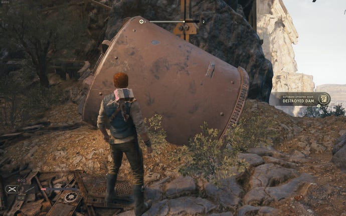 Cal scans a large brown barrel next to Derelict Dam in Jedi: Survivor.