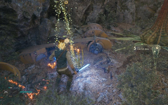 Cal slashes a plant in Jedi: Survivor.