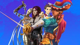 Four characters stand in front of a colourful background. A mask wearing assassin. A cybernetically enhanced woman. Apollo Justice. A fearsome swordfighter.