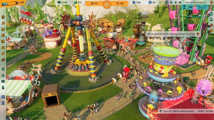 A mid-range screenshot of a park in Bark Beyond, with a spinner ride and a lot of concessions around it