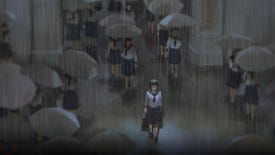 A schoolgirl walking through a crowd in the rain in Raid On Taihoku
