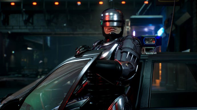 Robert Cop, the cop from RoboCop, emerges from his policemobile in a screenshot of Robocop: Rogue City.