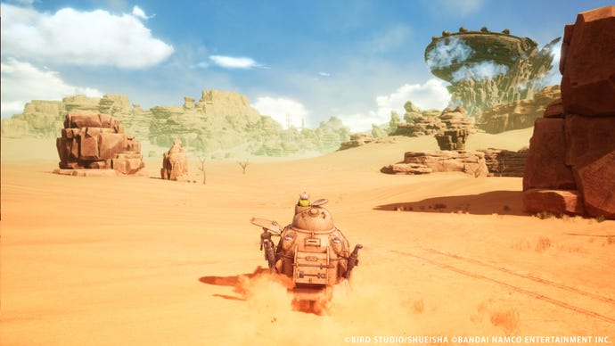 Beezelbub and his crew pilot a tank through the sandy wastes of Sand Land.