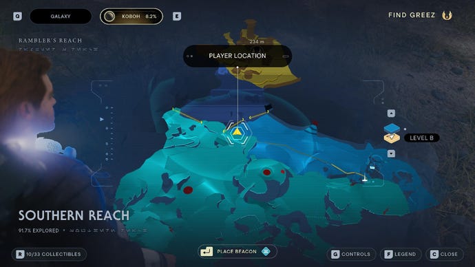 Star Wars Jedi Survivor screenshot showing the location of a force echo on the map.