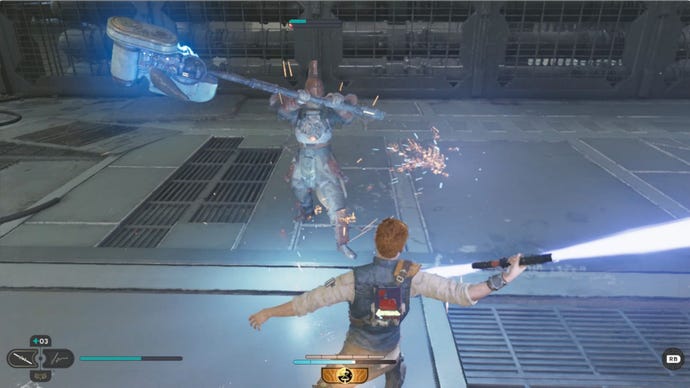 Cal faces an enemy with a charged hammer in Star Wars Jedi: Survivor.