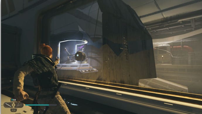 Cal grabs the orb behind the glass wall on the Shattered Moon in Star Wars Jedi: Survivor.