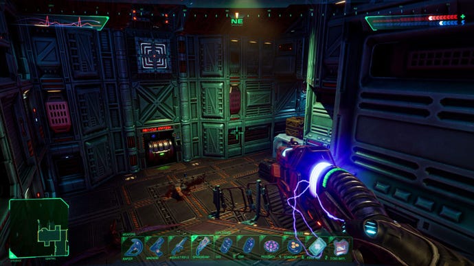 The players wonders the sickly green, metalic corridors of a space ship in System Shock