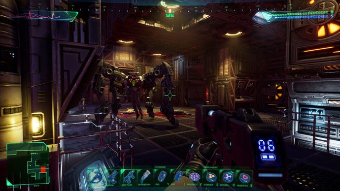 A machine with four legs lurks in a bunker, it looks like there's a human body hanging from it's centre in System Shock