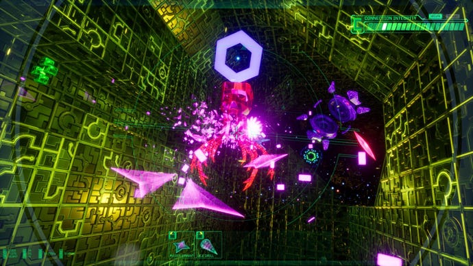 An abstract virtual map showing explosive pieces of pink and purple wreckage in System Shock