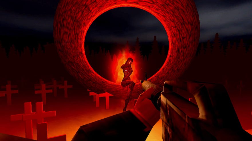 A burning demon sits seductively inside a molten ring in a Technophobia screenshot.