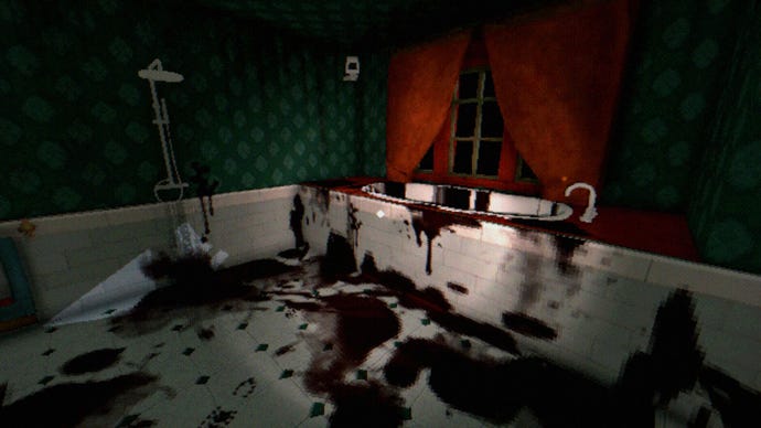 A bathroom in The Tartarus Key showing a bathtub and white tiled floor covered in splashes of dark blood