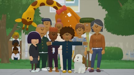 The cast of To A T, featuring lots of teenagers, a giraffe and a dog