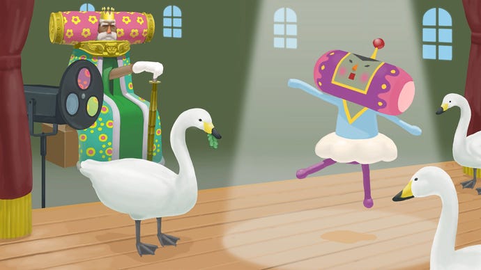 A young King Of All Cosmos dances with swans in front of their own parent in We Love Katamari Reroll + Royal Reverie